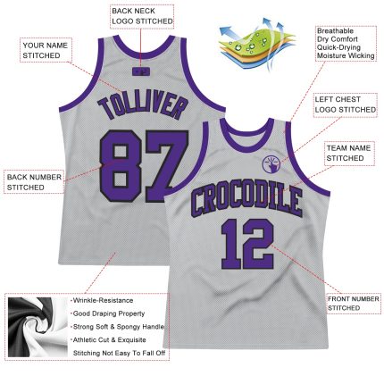 Custom Basketball Jersey - Personalized Gray Purple Black Throwback, Custom Name & Number Personalized Gray Purple-Black