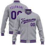Personalized Bomber Jacket Gray Purple Black Full-Snap Varsity Letterman Personalized Gray Purple-Black Bomber Full-Snap