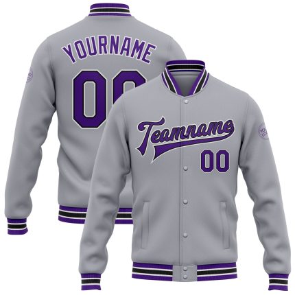Personalized Bomber Jacket Gray Purple Black Full-Snap Varsity Letterman Personalized Gray Purple-Black Bomber Full-Snap