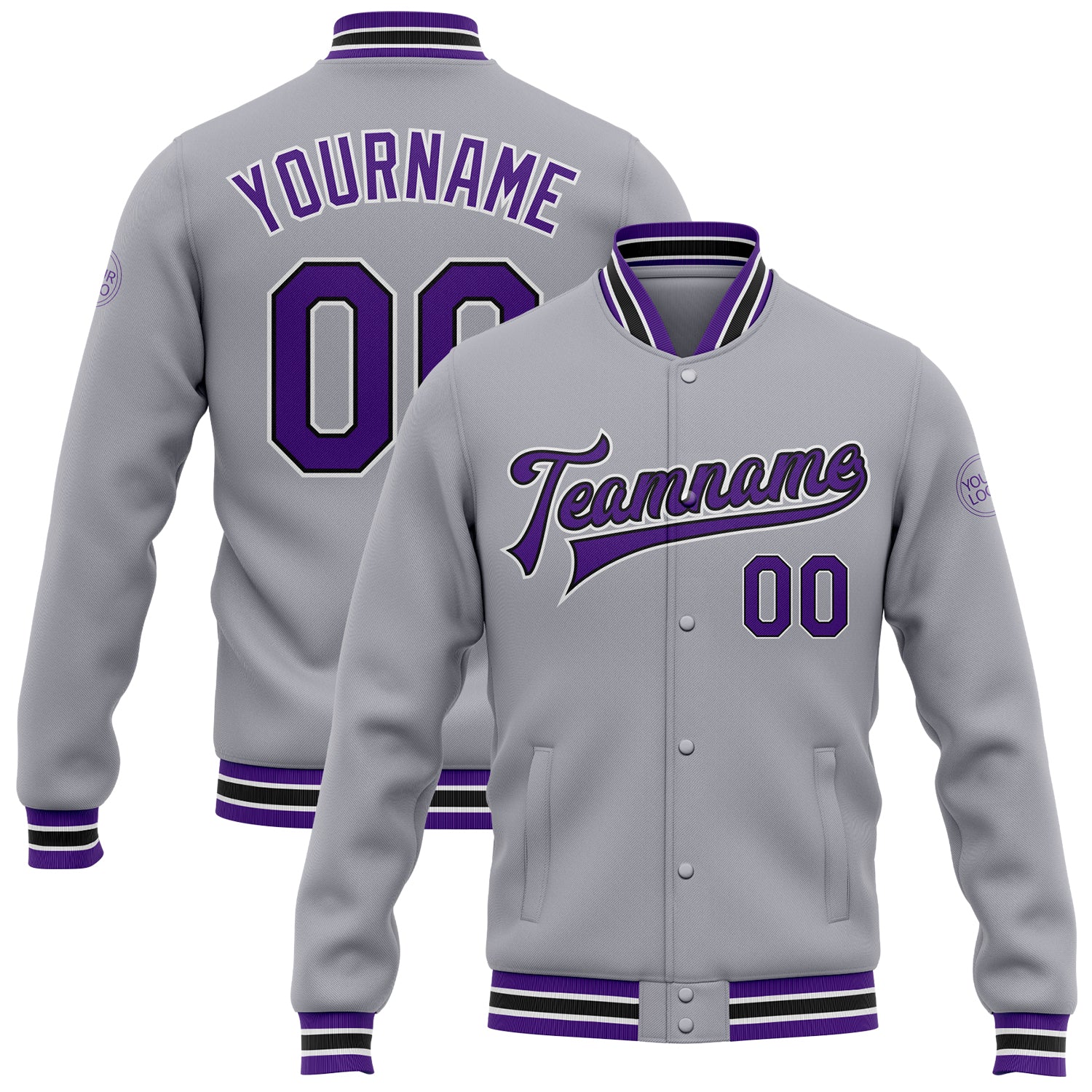 Personalized Bomber Jacket Gray Purple Black Full-Snap Varsity Letterman Personalized Gray Purple-Black Bomber Full-Snap