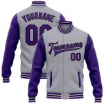Personalized Bomber Varsity Jacket Gray Purple Black Full-Snap Two Tone Personalized Gray Purple-Black Bomber Full-Snap Varsity