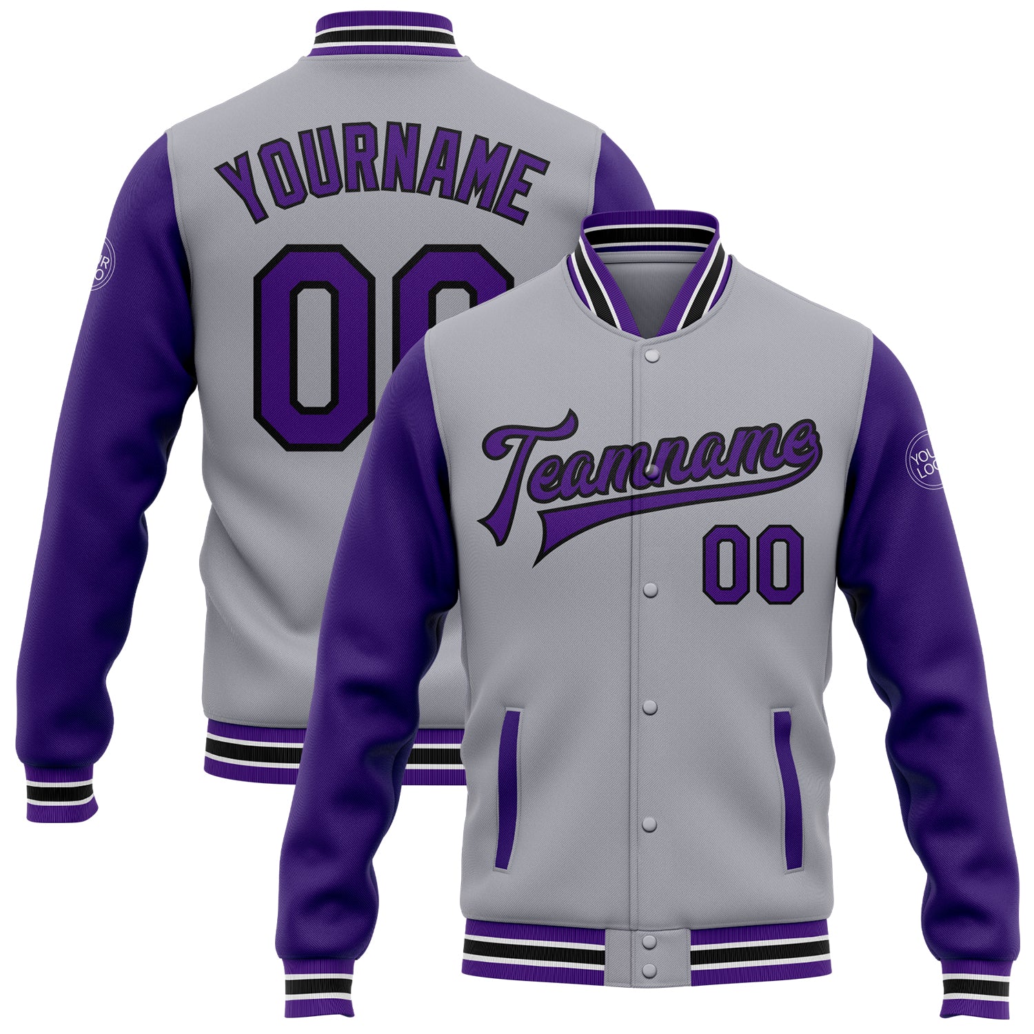 Personalized Bomber Varsity Jacket Gray Purple Black Full-Snap Two Tone Personalized Gray Purple-Black Bomber Full-Snap Varsity