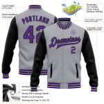Custom Name & Number Varsity Letterman Jacket - Personalized Gray Purple-Black Bomber Full-Snap Two Tone Jacket Personalized