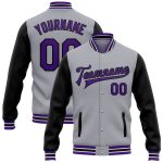 Custom Name & Number Varsity Letterman Jacket - Personalized Gray Purple-Black Bomber Full-Snap Two Tone Jacket Personalized