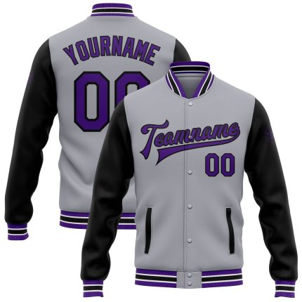 Custom Name & Number Varsity Letterman Jacket - Personalized Gray Purple-Black Bomber Full-Snap Two Tone Jacket Personalized