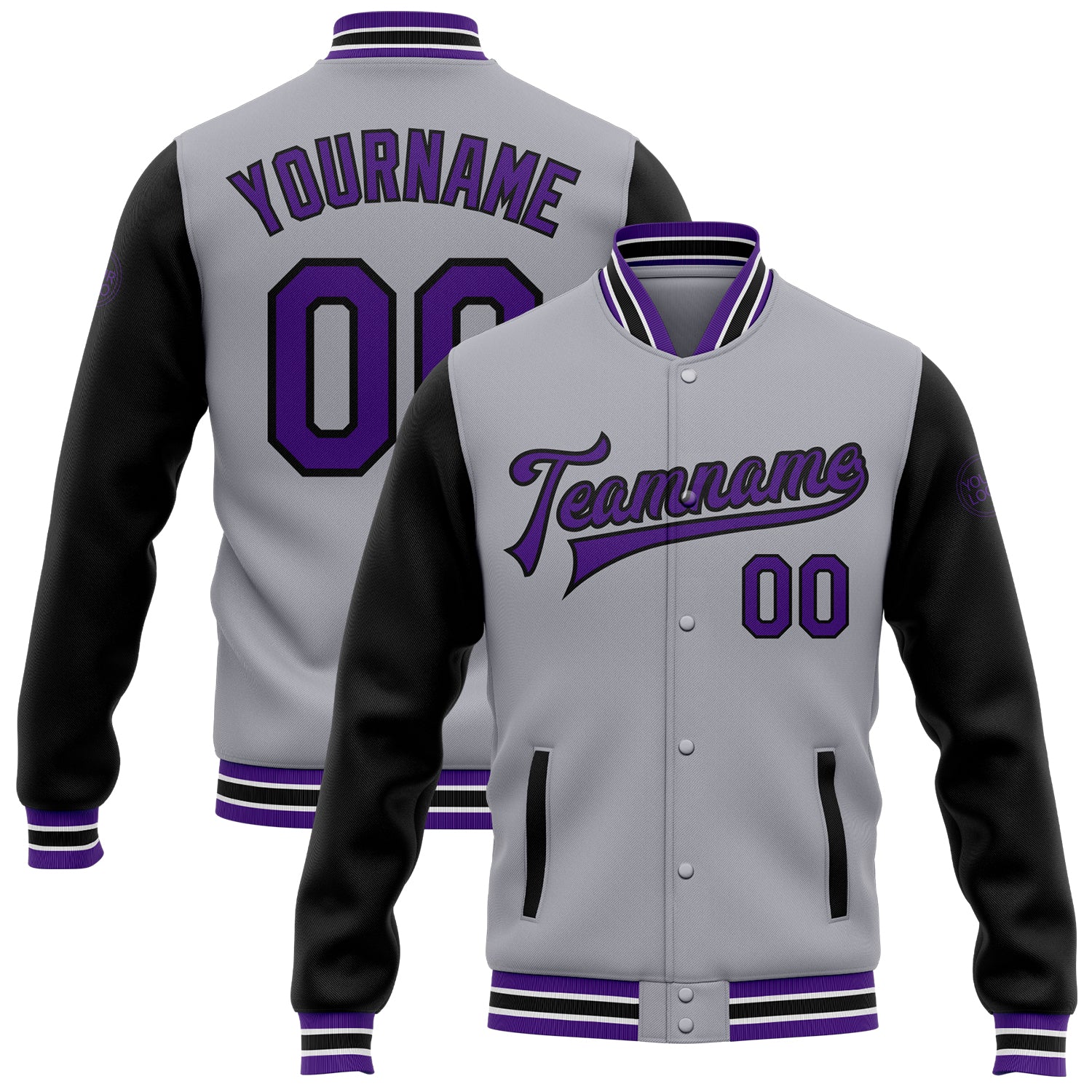 Custom Name & Number Varsity Letterman Jacket - Personalized Gray Purple-Black Bomber Full-Snap Two Tone Jacket Personalized