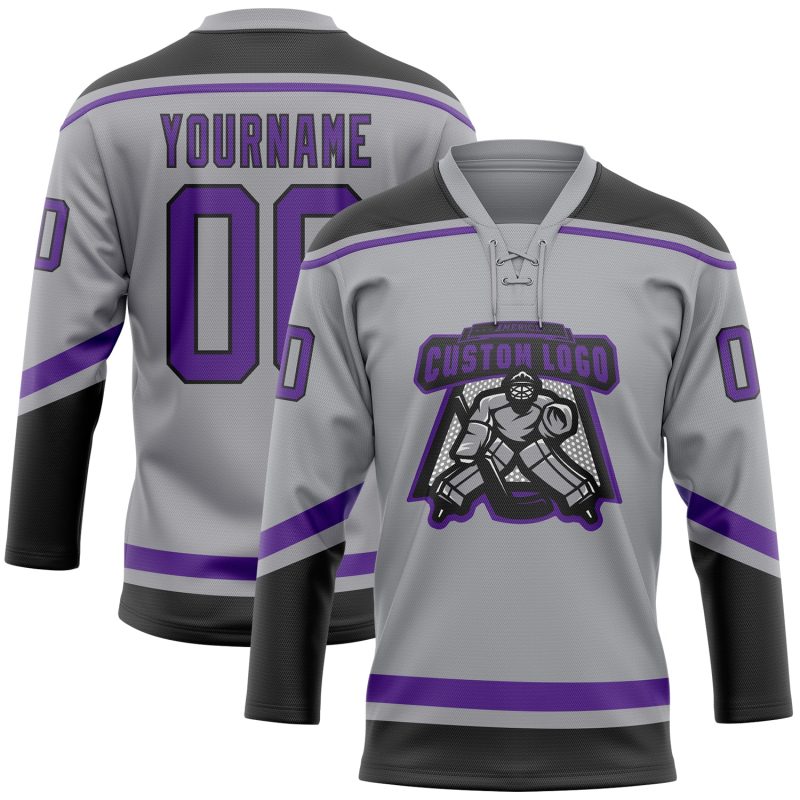 Custom Name and Number Personalized Hockey Lace Neck Jersey - Gray Purple-Black Team Gear Personalized Gray Purple-Black