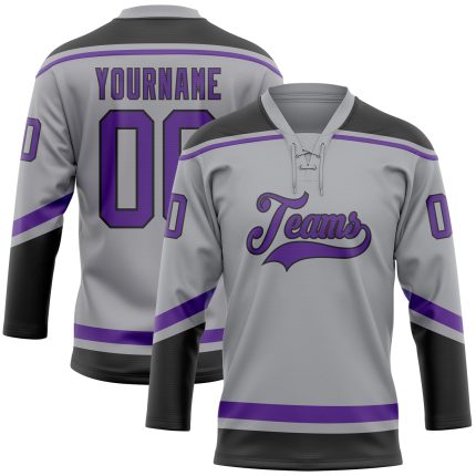Custom Name and Number Personalized Hockey Lace Neck Jersey - Gray Purple-Black Team Gear Personalized Gray Purple-Black