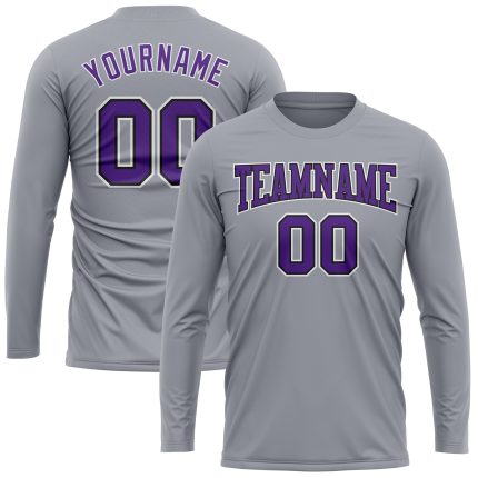 Custom Team Name Number Long Sleeve Performance T-Shirt - Personalized Gray Purple Black Personalized Gray Purple-Black Long