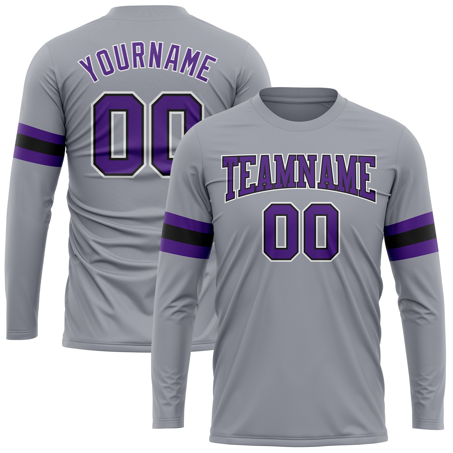 Custom Team Name Number Long Sleeve Performance T-Shirt - Personalized Gray Purple Black Personalized Gray Purple-Black Long