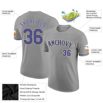 Custom Personalized Team T-Shirt with Name and Number - Gray Purple-Black Performance Shirt Personalized Gray Purple-Black