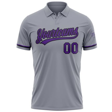 Custom Team Name and Number Performance Vapor Golf Polo Shirt Gray Purple Black Personalized Gray Purple-Black Performance