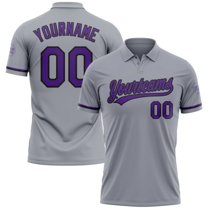 Custom Team Name and Number Performance Vapor Golf Polo Shirt Gray Purple Black Personalized Gray Purple-Black Performance