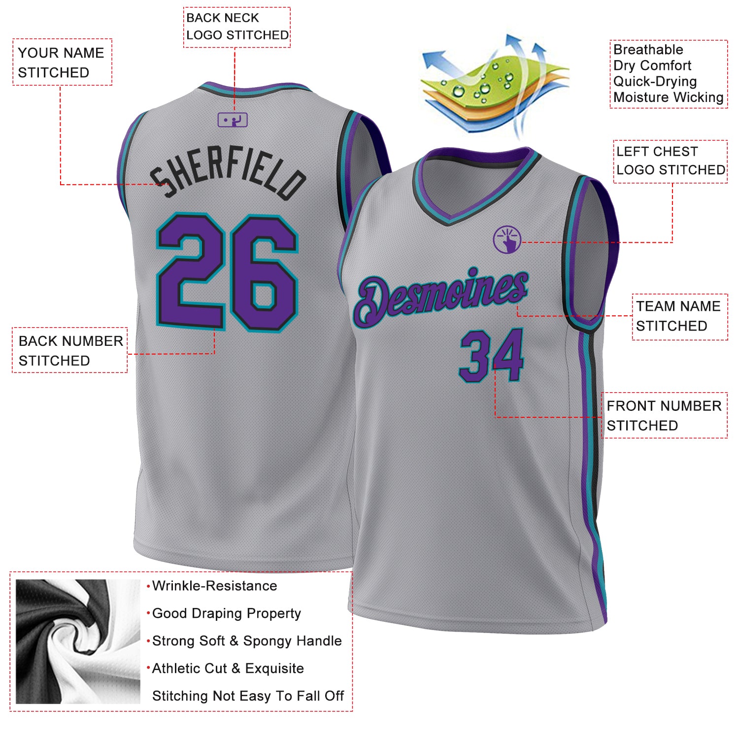 Personalized Gray Purple Black-Teal Authentic Throwback Basketball Jersey Team Custom Name and Number Custom Name Number Throwback Basketball Jersey - Personalized Gray Purple Black Teal Authentic Team Jersey Personalized Gray - Image 3