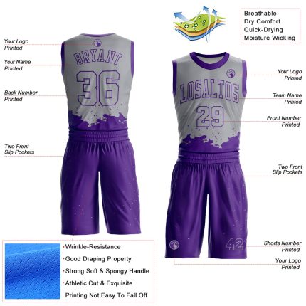 Custom Basketball Jersey with Personalized Name and Number in Gray Purple Color Splash, Round Neck Sublimation Design Personalized