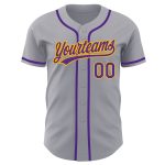 Personalized Purple Gold Baseball Jersey - Authentic Gray Style Jersey Personalized Gray Purple-Gold Authentic Baseball Jersey