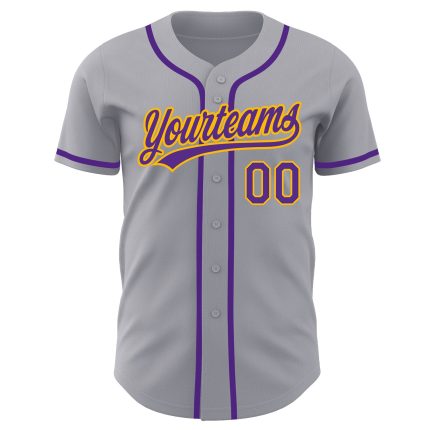 Personalized Purple Gold Baseball Jersey - Authentic Gray Style Jersey Personalized Gray Purple-Gold Authentic Baseball Jersey