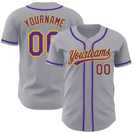Personalized Purple Gold Baseball Jersey - Authentic Gray Style Jersey Personalized Gray Purple-Gold Authentic Baseball Jersey
