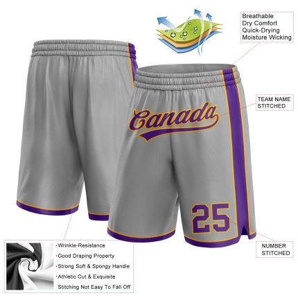 Custom Basketball Shorts with Name and Number in Gray Purple Gold - Personalized Team Gear Personalized Gray Purple-Gold