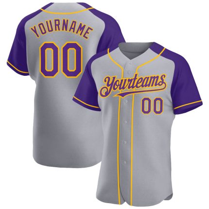 Custom Name and Number Baseball Jersey - Personalized Gray Purple-Gold Authentic Raglan Sleeves Team Apparel Personalized