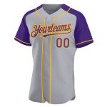 Custom Name and Number Baseball Jersey - Personalized Gray Purple-Gold Authentic Raglan Sleeves Team Apparel Personalized