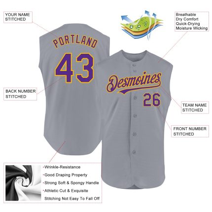 Personalized Sleeveless Baseball Jersey - Gray Purple Gold Authentic Design Personalized Gray Purple-Gold Authentic Sleeveless