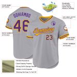 Custom Name and Number Personalized Gray Purple-Gold Baseball Jersey - Authentic Throwback Design Personalized Gray Purple-Gold