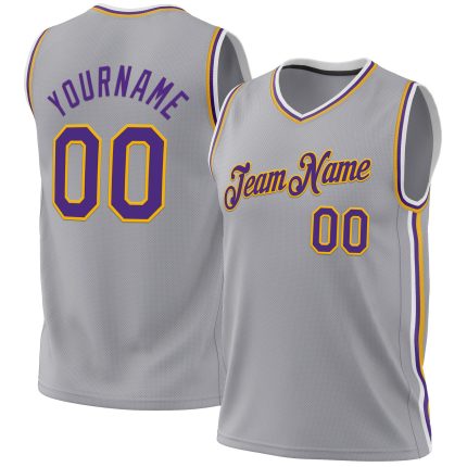 Personalized Authentic Basketball Jersey in Gray Purple-Gold Throwback Style Personalized Gray Purple-Gold Authentic Throwback