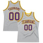 Personalized Throwback Basketball Jersey - Custom Gray Purple Gold Team Name & Number Personalized Gray Purple-Gold Authentic