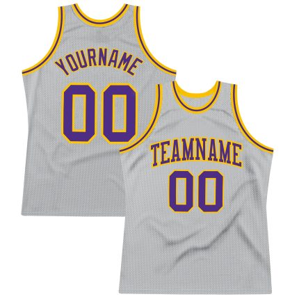 Personalized Throwback Basketball Jersey - Custom Gray Purple Gold Team Name & Number Personalized Gray Purple-Gold Authentic
