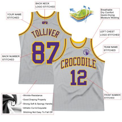 Personalized Throwback Basketball Jersey - Custom Gray Purple Gold Team Name & Number Personalized Gray Purple-Gold Authentic