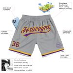 Personalized Gray Purple Gold Basketball Shorts - Authentic Throwback Style Personalized Gray Purple-Gold Authentic Throwback