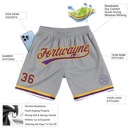 Personalized Gray Purple Gold Basketball Shorts - Authentic Throwback Style Personalized Gray Purple-Gold Authentic Throwback
