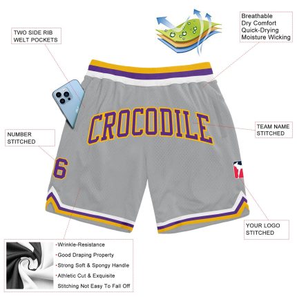 Custom Name Number Basketball Shorts Gray Purple Gold Authentic Throwback Personalized Gray Purple-Gold Authentic Throwback