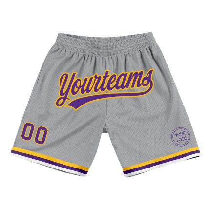 Personalized Gray Purple Gold Basketball Shorts - Authentic Throwback Style Personalized Gray Purple-Gold Authentic Throwback