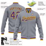 Custom Team Bomber Jacket with Personalized Name and Number - Gray Purple-Gold Full-Snap Varsity Letterman Jacket Personalized
