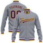 Custom Team Bomber Jacket with Personalized Name and Number - Gray Purple-Gold Full-Snap Varsity Letterman Jacket Personalized