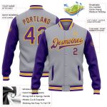 Custom Name and Number Gray Purple-Gold Two Tone Bomber Full-Snap Varsity Letterman Jacket Personalized Gray Purple-Gold