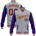 Custom Name and Number Gray Purple-Gold Two Tone Bomber Full-Snap Varsity Letterman Jacket Personalized Gray Purple-Gold