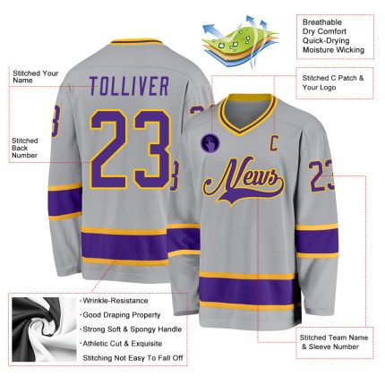 Custom Name Number Hockey Jersey - Personalized Gray Purple Gold Team Jersey Personalized Gray Purple-Gold Hockey Jersey