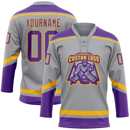 Custom Name Number Personalized Hockey Jersey Gray Purple Gold Lace Neck Personalized Gray Purple-Gold Hockey Lace Neck Jersey
