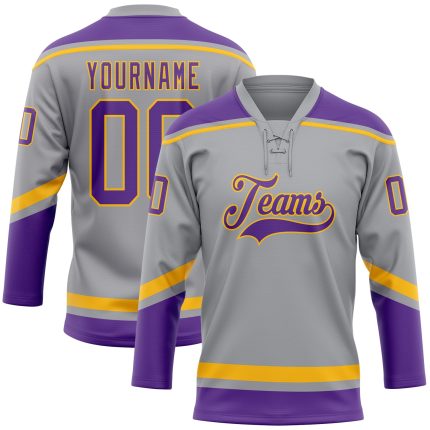 Custom Name Number Personalized Hockey Jersey Gray Purple Gold Lace Neck Personalized Gray Purple-Gold Hockey Lace Neck Jersey