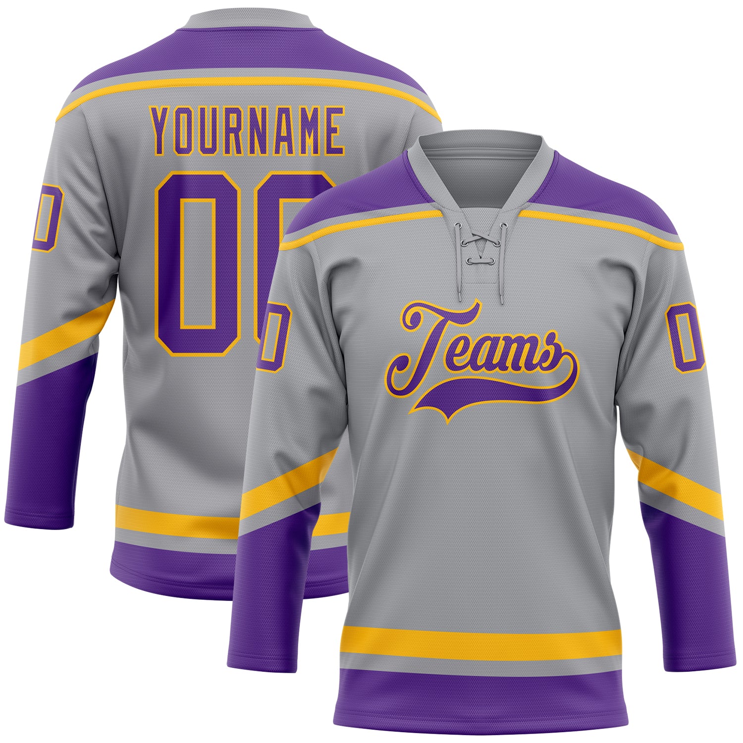 Custom Name Number Personalized Hockey Jersey Gray Purple Gold Lace Neck Personalized Gray Purple-Gold Hockey Lace Neck Jersey