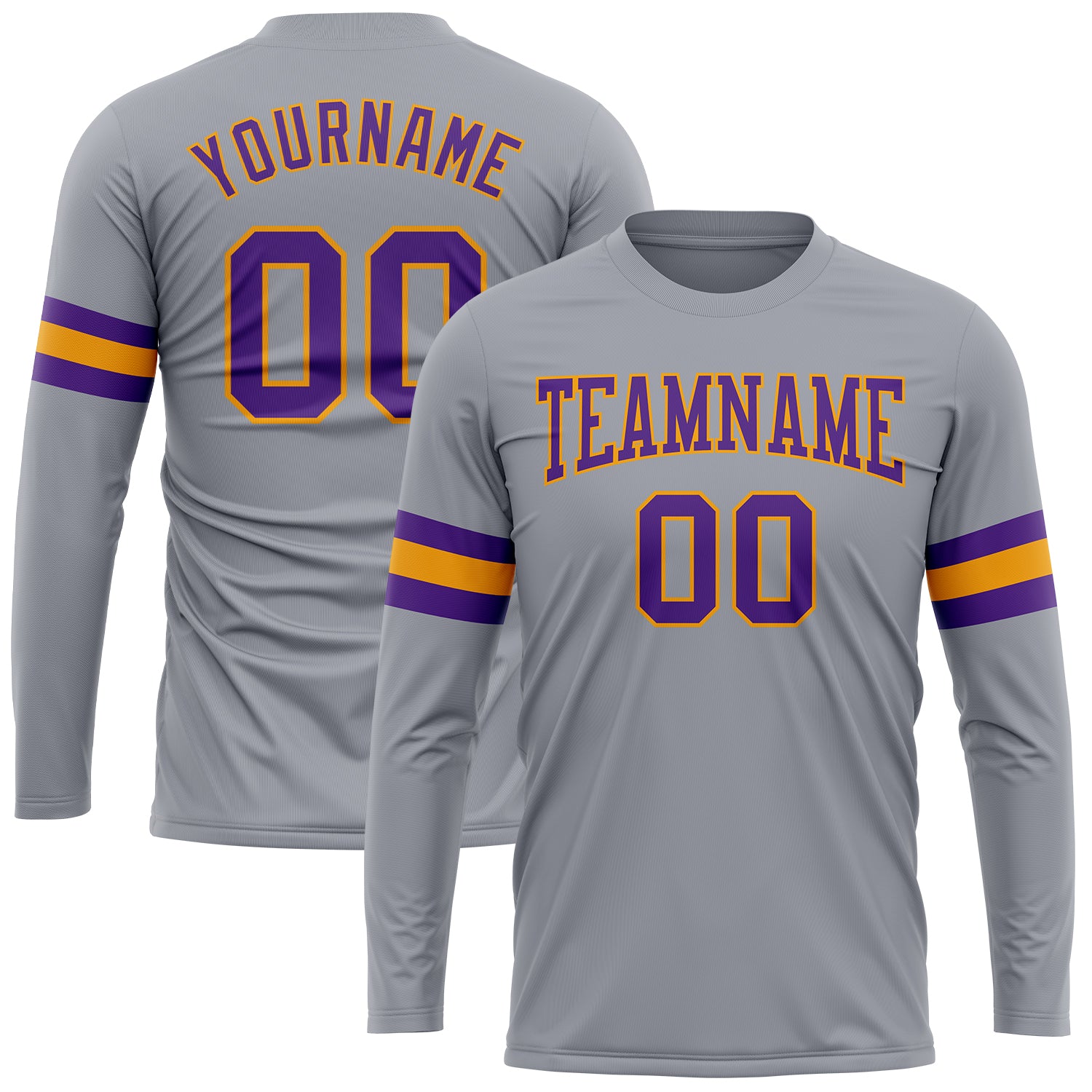 Customized Team Long Sleeve Performance T-Shirt with Name and Number in Gray Purple and Gold Personalized Gray Purple-Gold
