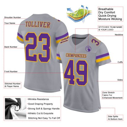 Custom Name and Number Personalized Gray Purple Gold Football Jersey - Authentic Team Gear Personalized Gray Purple-Gold