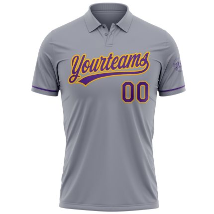Custom Team Golf Polo Shirt - Personalized Gray Purple Gold Performance Vapor with Name and Number Personalized Gray Purple-Gold