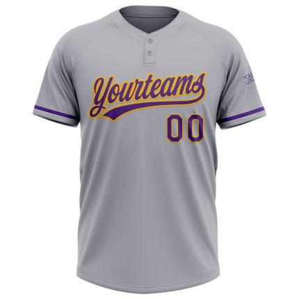 Personalized Gray Purple Gold Softball Jersey Unisex Two-Button Design Personalized Gray Purple-Gold Two-Button Unisex Softball
