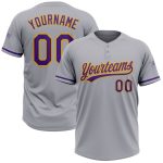 Personalized Gray Purple Gold Softball Jersey Unisex Two-Button Design Personalized Gray Purple-Gold Two-Button Unisex Softball