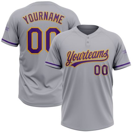 Personalized Gray Purple Gold Softball Jersey Unisex Two-Button Design Personalized Gray Purple-Gold Two-Button Unisex Softball
