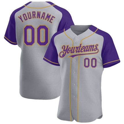 Custom Name and Number Gray Purple and Gold Baseball Jersey - Personalized Authentic Raglan Sleeves Personalized Gray Purple-Old